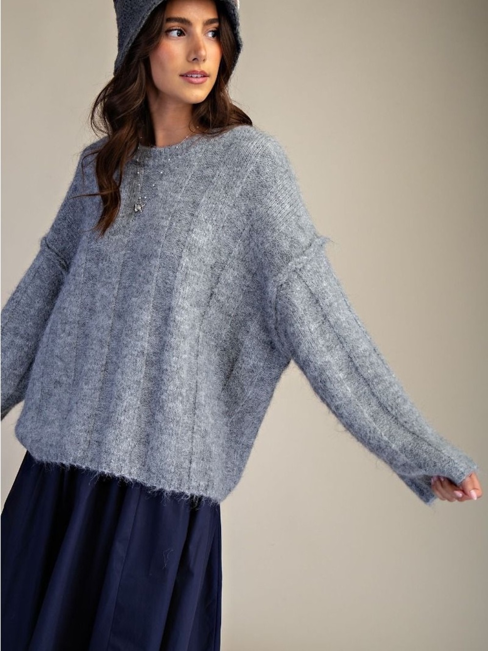 49.Easel OVERSIZED LONG SLEEVE FUZZ KNITTED SWEATER heather grey gray - Picture 5 of 6